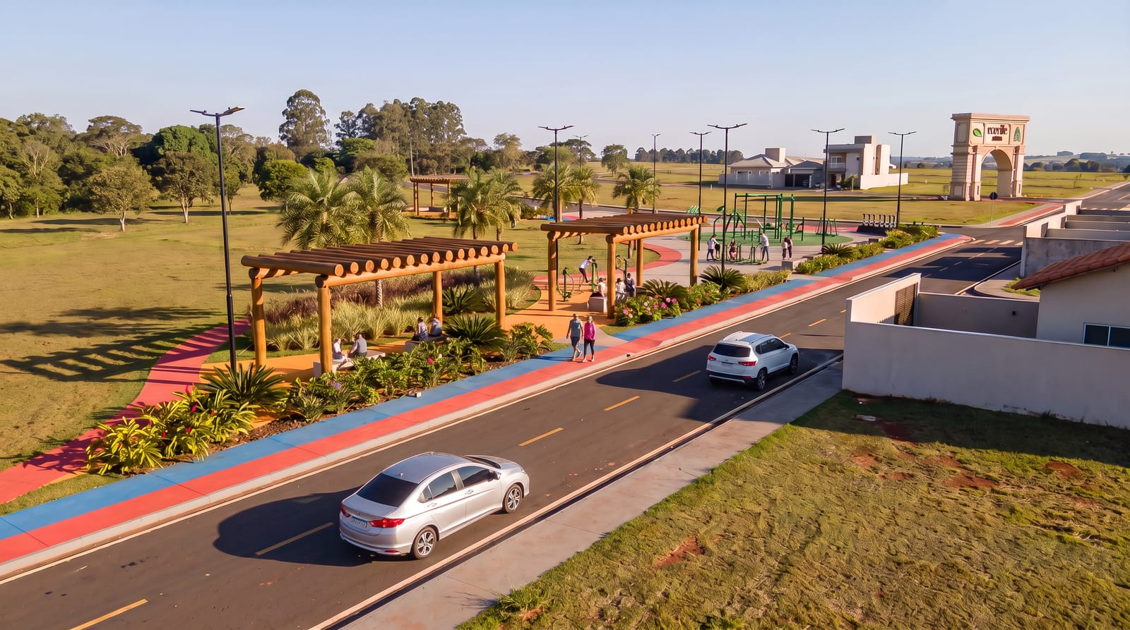 Render de uma avenida do bairro com pergolados de madeira, calçada ajardinada e ciclovia