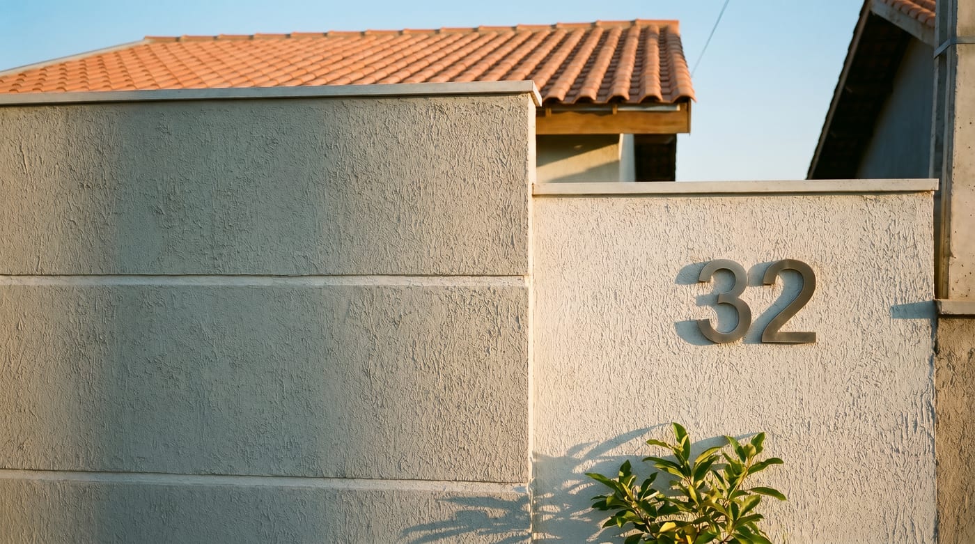 Render da fachada de uma casa com muro claro, telhado cerâmico e o número 32